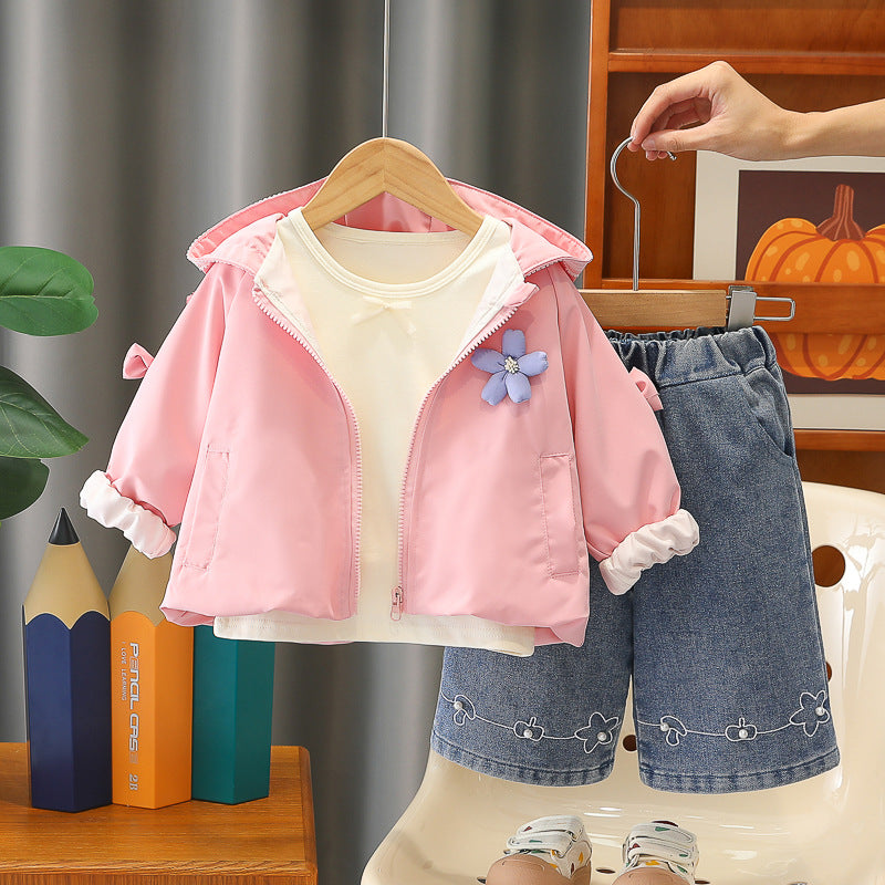 Girls' hooded long sleeved three piece set