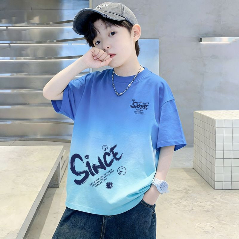Genius Whale Kids Summer Cotton Short Sleeve T-Shirt Gradient Medium to Large Boys Lightweight Fashion Top Half Sleeve T