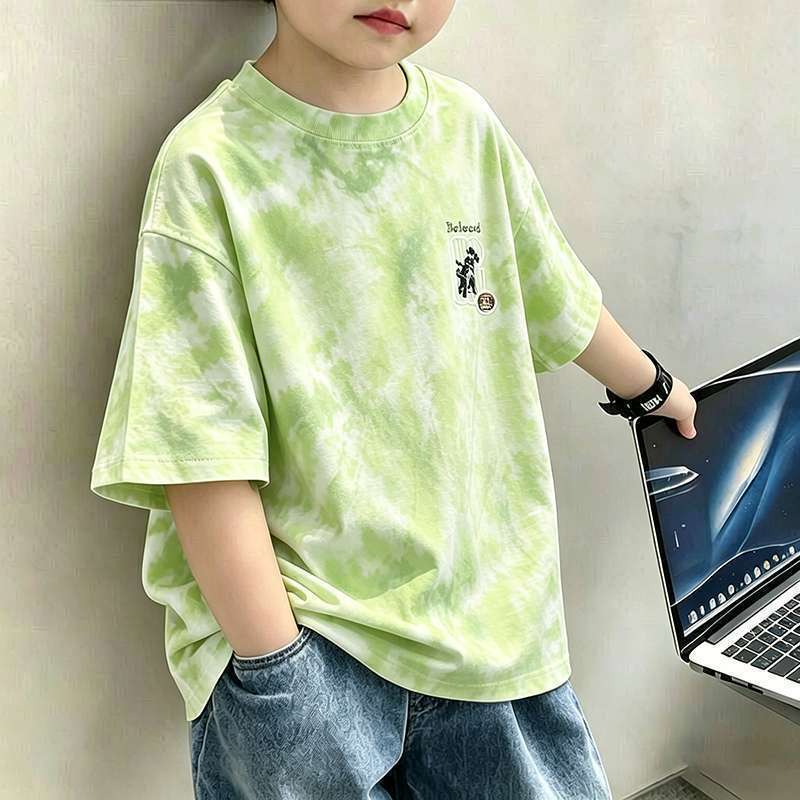 Cotton Kids Short Sleeve T-Shirt for Boys, Summer Casual Dyed Top, Youth Fashion Tee
