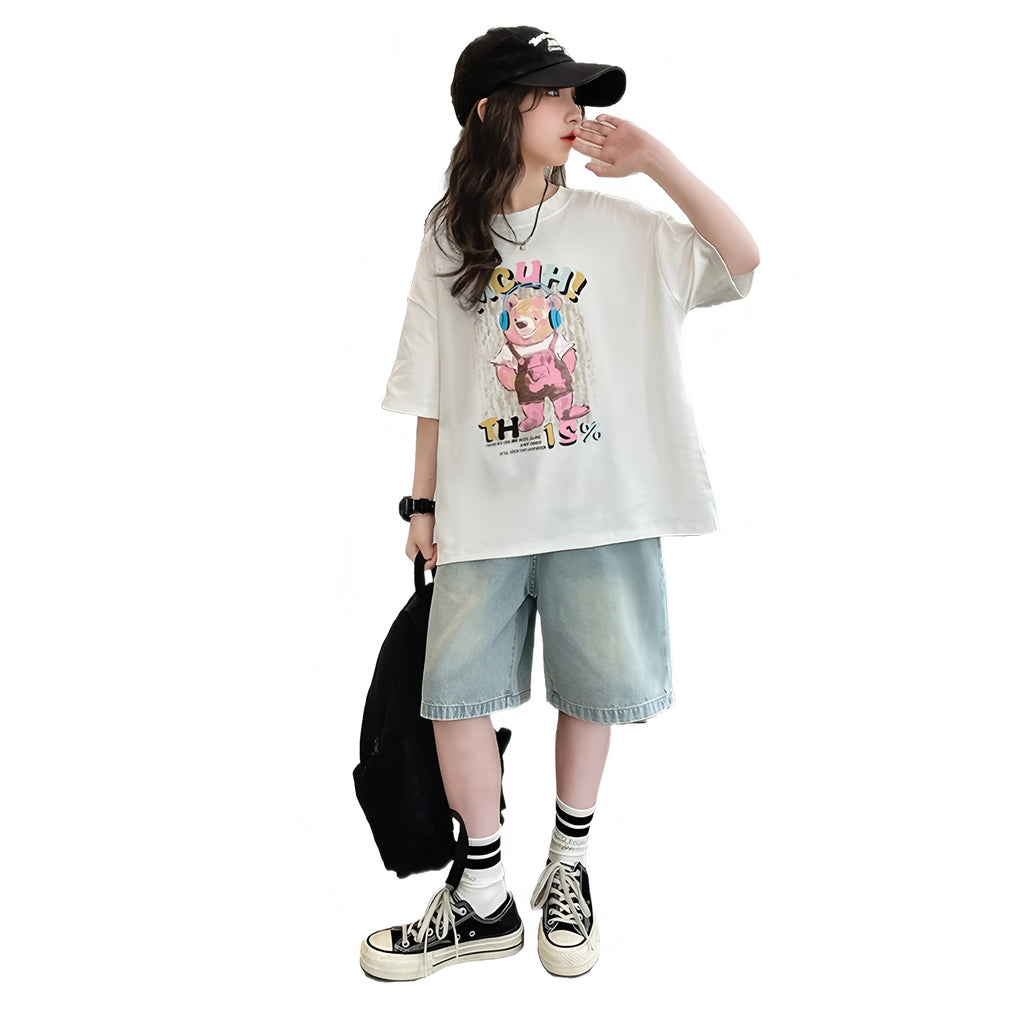 Short Sleeve T-Shirt for Girls Casual Cartoon Printed Loose Fit Top