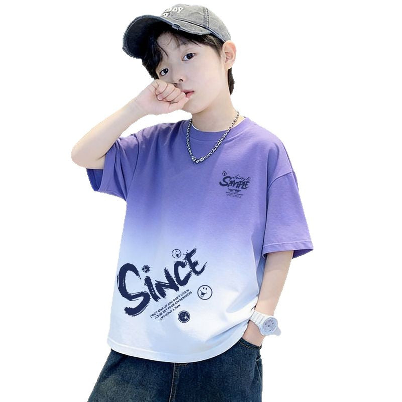 Genius Whale Kids Summer Cotton Short Sleeve T-Shirt Gradient Medium to Large Boys Lightweight Fashion Top Half Sleeve T