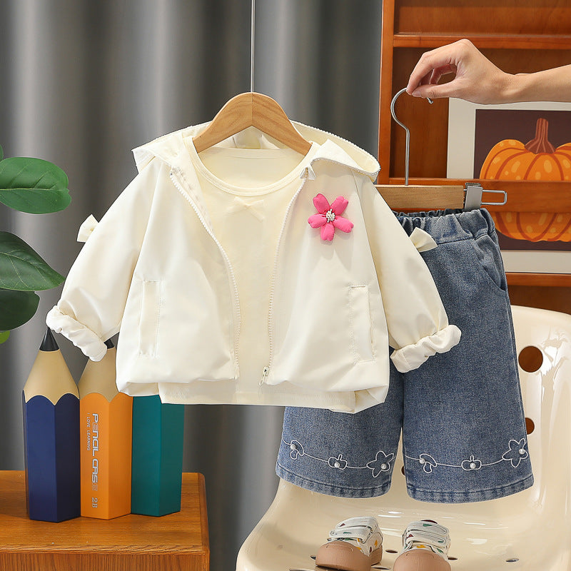 Girls' hooded long sleeved three piece set