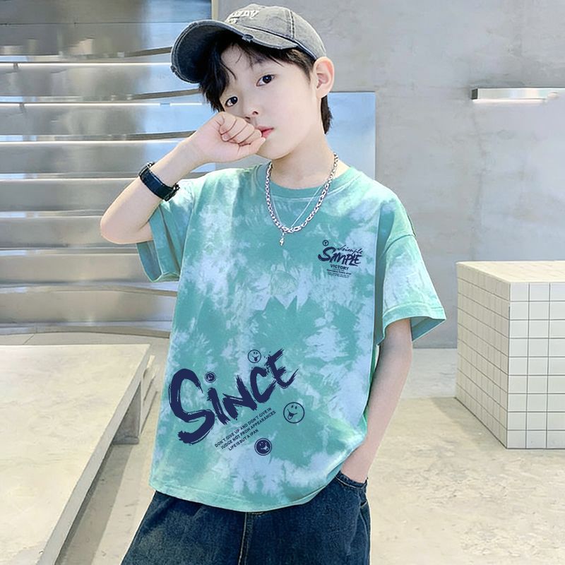 Genius Whale Kids Summer Cotton Short Sleeve T-Shirt Gradient Medium to Large Boys Lightweight Fashion Top Half Sleeve T