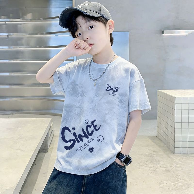 Genius Whale Kids Summer Cotton Short Sleeve T-Shirt Gradient Medium to Large Boys Lightweight Fashion Top Half Sleeve T