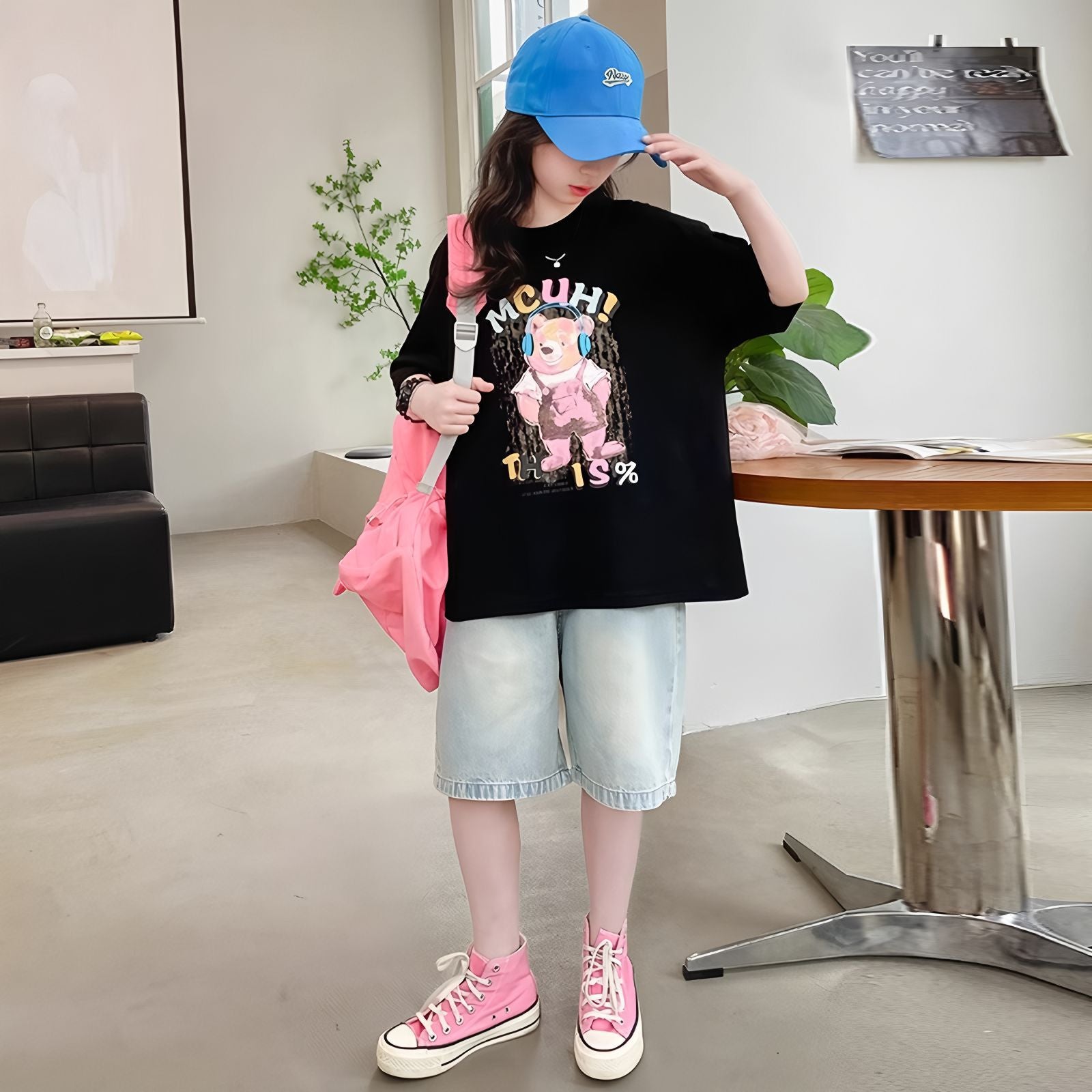 Short Sleeve T-Shirt for Girls Casual Cartoon Printed Loose Fit Top