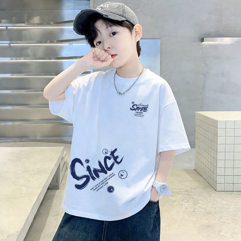 Genius Whale Kids Summer Cotton Short Sleeve T-Shirt Gradient Medium to Large Boys Lightweight Fashion Top Half Sleeve T