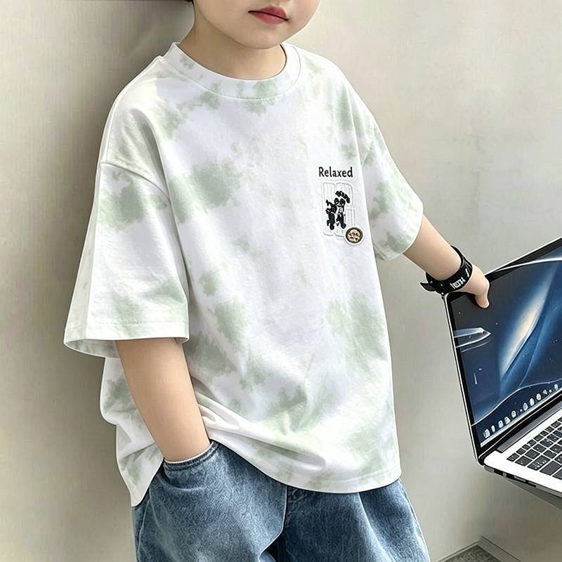 Cotton Kids Short Sleeve T-Shirt for Boys, Summer Casual Dyed Top, Youth Fashion Tee
