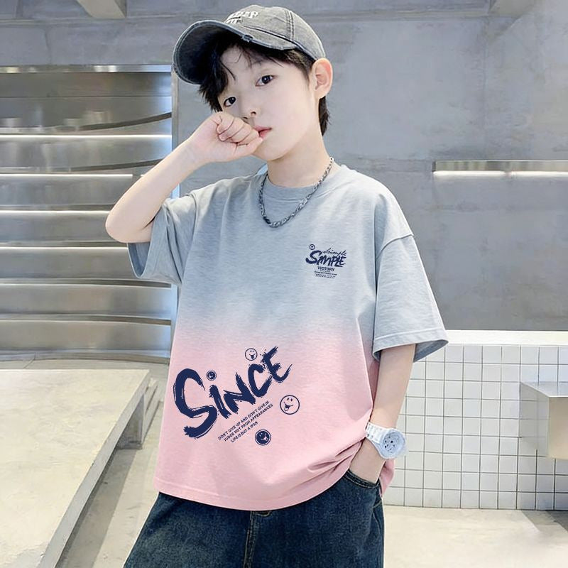 Genius Whale Kids Summer Cotton Short Sleeve T-Shirt Gradient Medium to Large Boys Lightweight Fashion Top Half Sleeve T