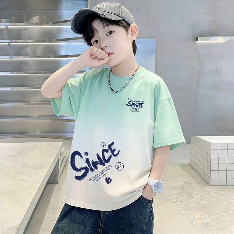 Genius Whale Kids Summer Cotton Short Sleeve T-Shirt Gradient Medium to Large Boys Lightweight Fashion Top Half Sleeve T