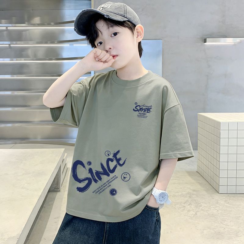 Genius Whale Kids Summer Cotton Short Sleeve T-Shirt Gradient Medium to Large Boys Lightweight Fashion Top Half Sleeve T