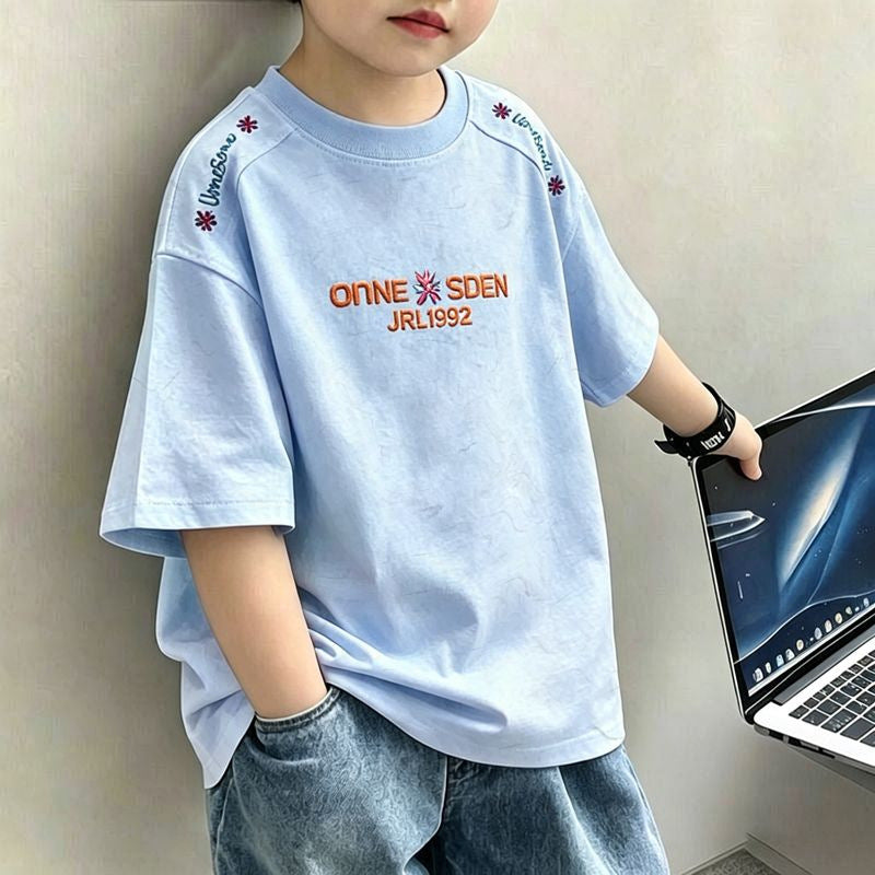 Cotton Kids Short Sleeve T-Shirt for Boys, Summer Casual Dyed Top, Youth Fashion Tee