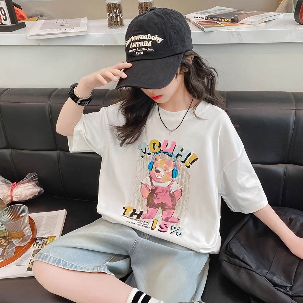 Short Sleeve T-Shirt for Girls Casual Cartoon Printed Loose Fit Top