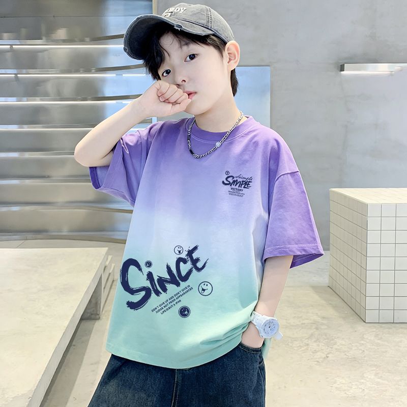 Genius Whale Kids Summer Cotton Short Sleeve T-Shirt Gradient Medium to Large Boys Lightweight Fashion Top Half Sleeve T