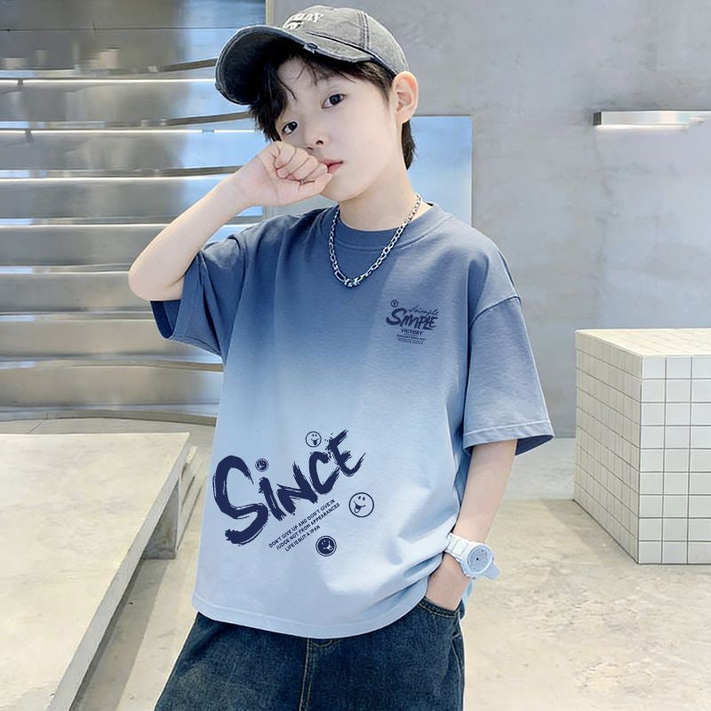 Genius Whale Kids Summer Cotton Short Sleeve T-Shirt Gradient Medium to Large Boys Lightweight Fashion Top Half Sleeve T