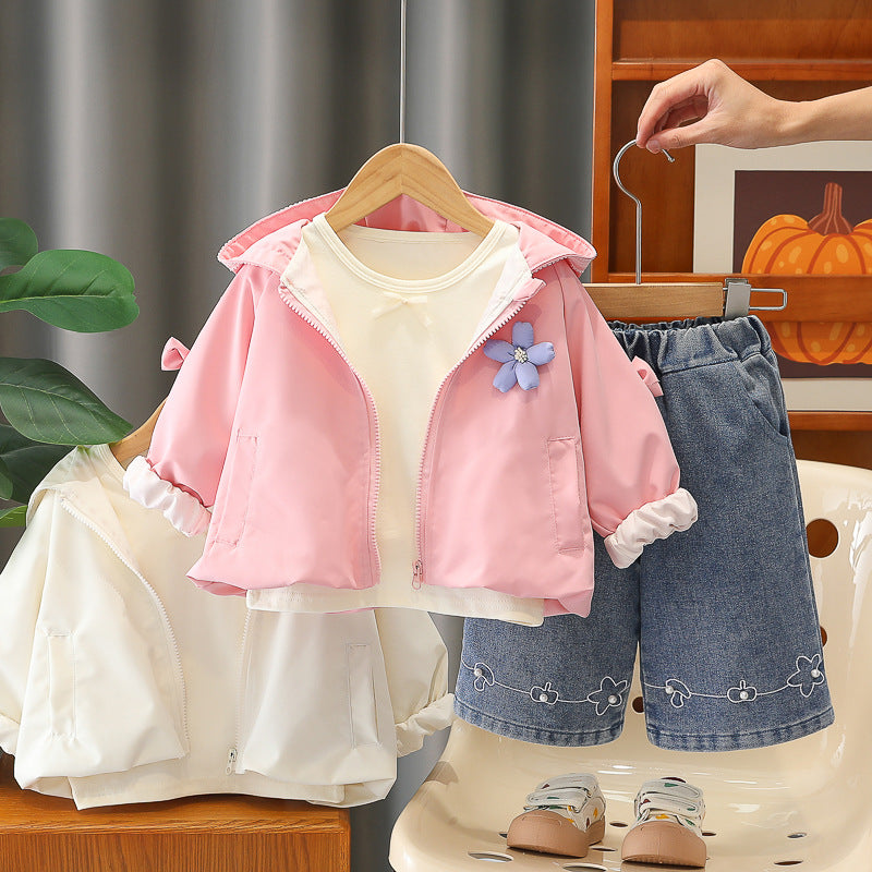 Girls' hooded long sleeved three piece set
