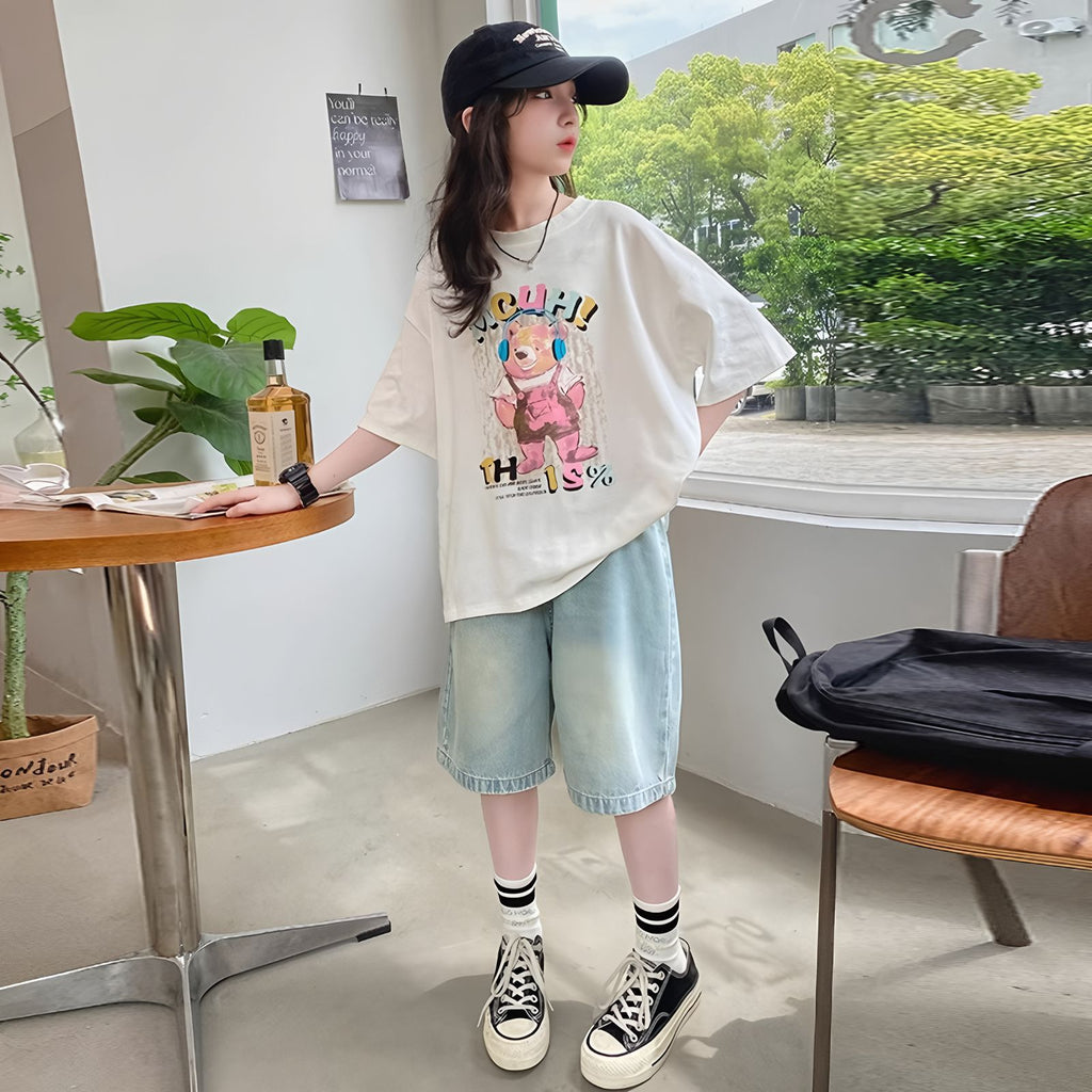 Short Sleeve T-Shirt for Girls Casual Cartoon Printed Loose Fit Top