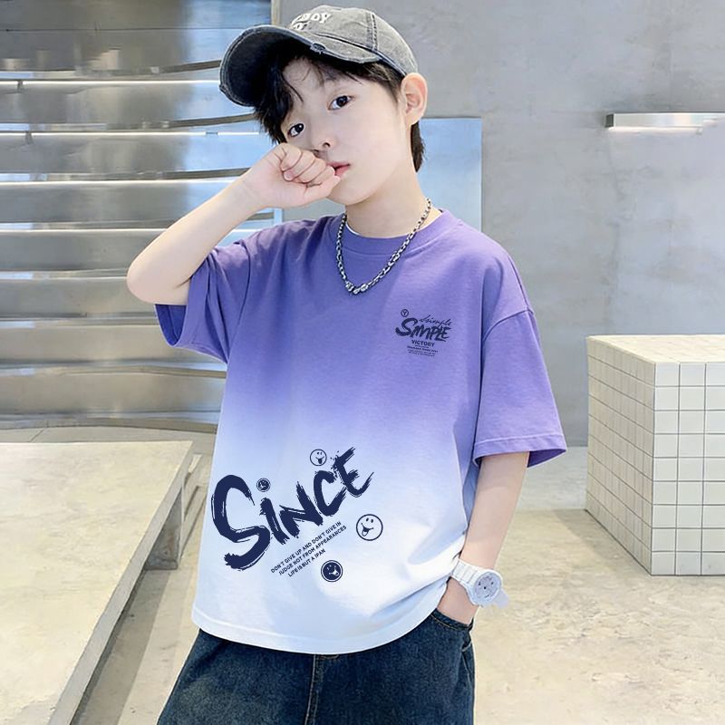 Genius Whale Kids Summer Cotton Short Sleeve T-Shirt Gradient Medium to Large Boys Lightweight Fashion Top Half Sleeve T