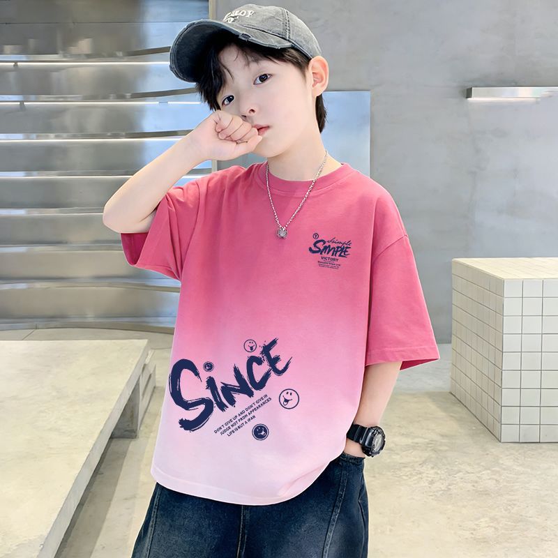 Genius Whale Kids Summer Cotton Short Sleeve T-Shirt Gradient Medium to Large Boys Lightweight Fashion Top Half Sleeve T